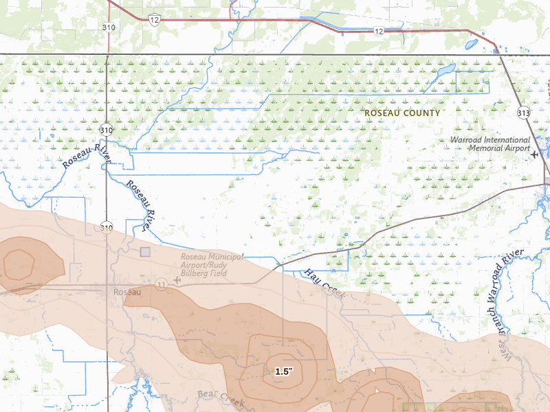 Radar-estimated hail-size map of the storm over Salol, MN on Jul 24, 2026