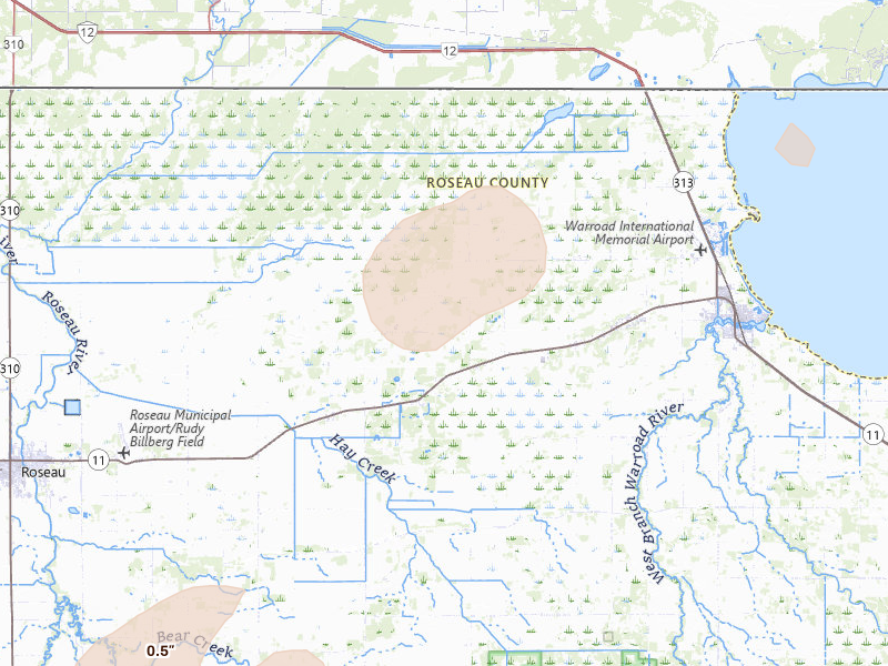 Radar-estimated hail-size map of the storm over Salol, MN on Aug 3, 2026