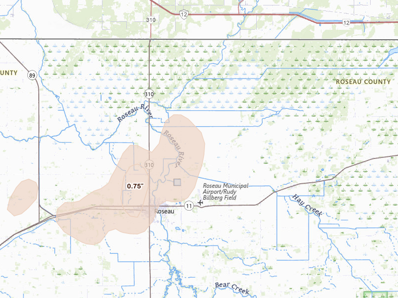 Radar-estimated hail-size map of the storm over Salol, MN on Aug 24, 2026