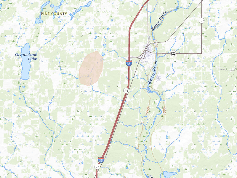 Radar-estimated hail-size map of the storm over Sandstone, MN on Jun 10, 2026