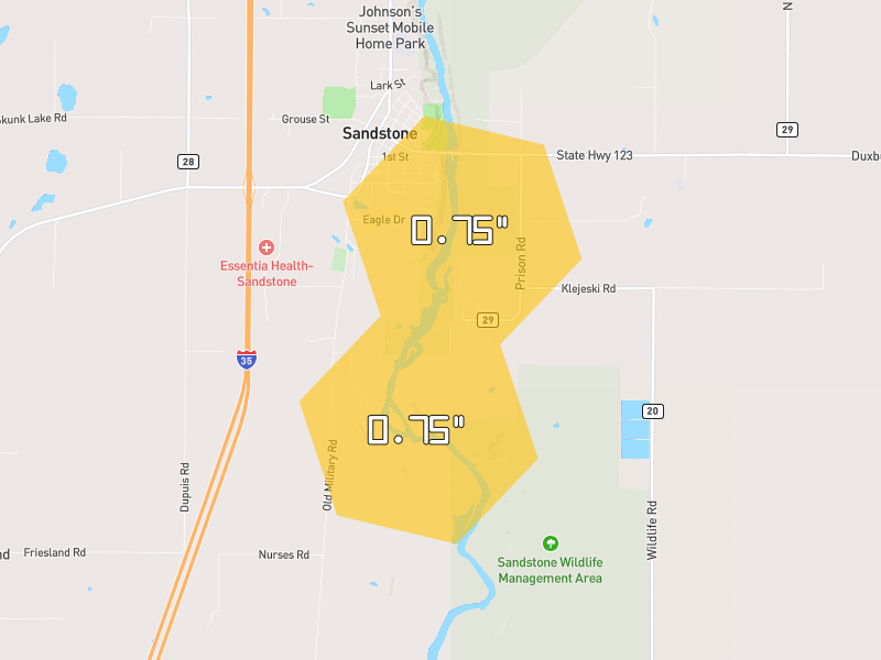 Hail map of Sandstone, MN on Jun 30, 2026, hail up to 0.75"