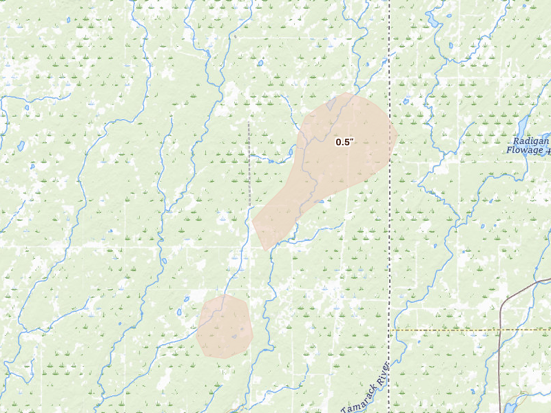 Radar-estimated hail-size map of the storm over Sandstone, MN on Jul 3, 2026