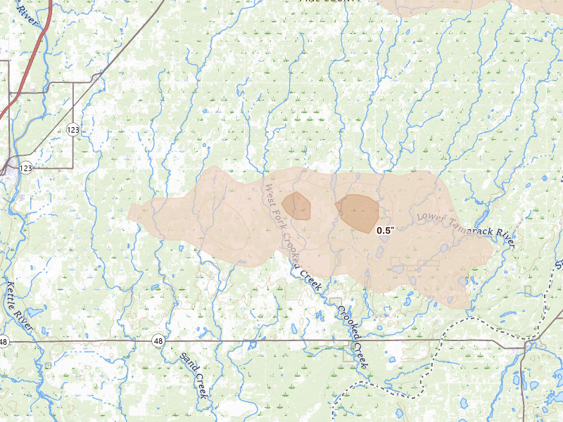 Radar-estimated hail-size map of the storm over Sandstone, MN on Aug 25, 2026