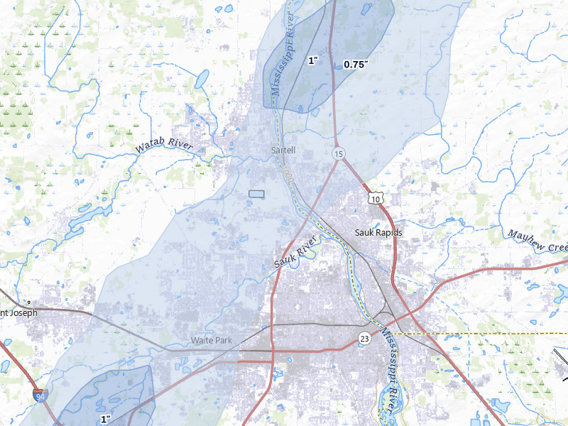 NEXRAD radar-signature map of the hail over Sartell, MN
