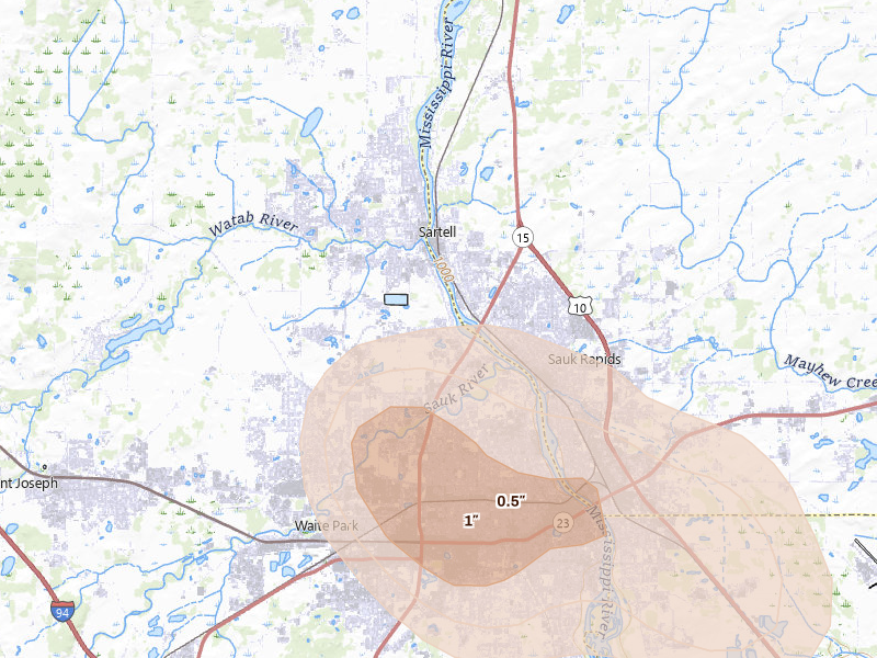 Radar-estimated hail-size map of the storm over Sartell, MN on Jul 4, 2026