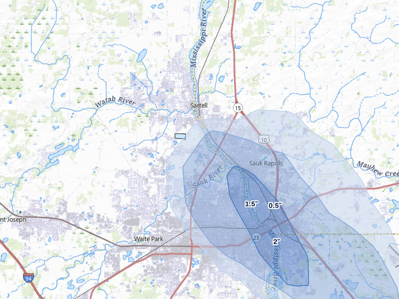 NEXRAD radar-signature map of the hail over Sartell, MN
