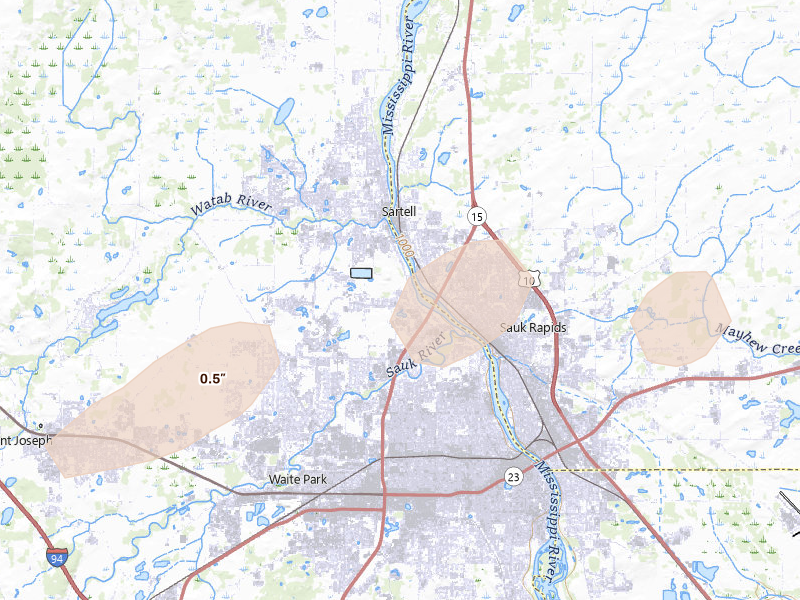 Radar-estimated hail-size map of the storm over Sartell, MN on Aug 3, 2026