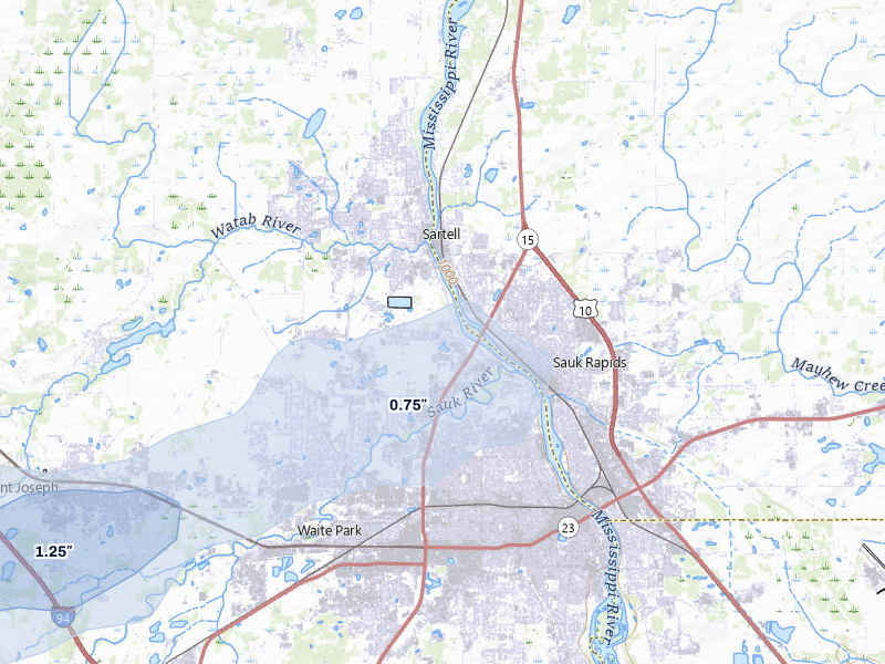 NEXRAD radar-signature map of the hail storm over Sartell, MN on Aug 3, 2026