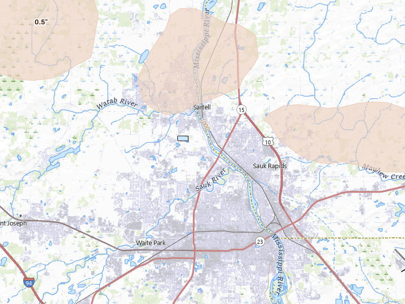 Radar-estimated hail-size map of the storm over Sartell, MN on Aug 8, 2026