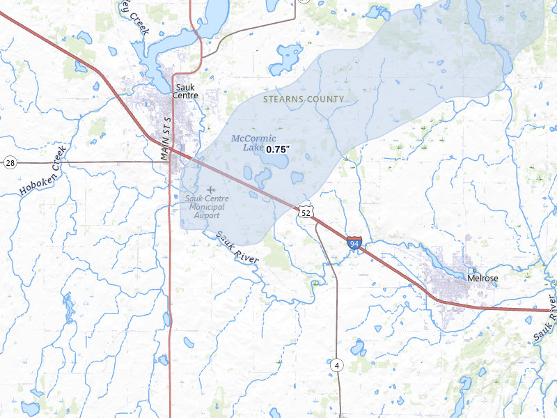 NEXRAD radar-signature map of the hail storm over Sauk Centre, MN on Jun 29, 2026