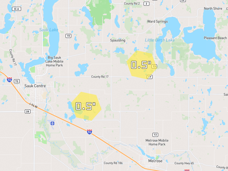 Hail map of Sauk Centre, MN on Jun 30, 2026, hail up to 0.5"