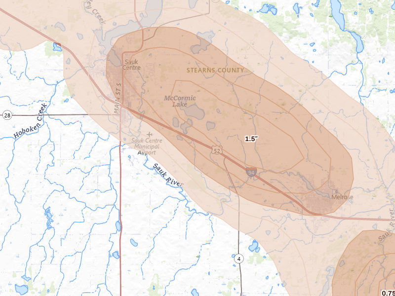 Radar-estimated hail-size map of the storm over Sauk Centre, MN on Jul 4, 2026