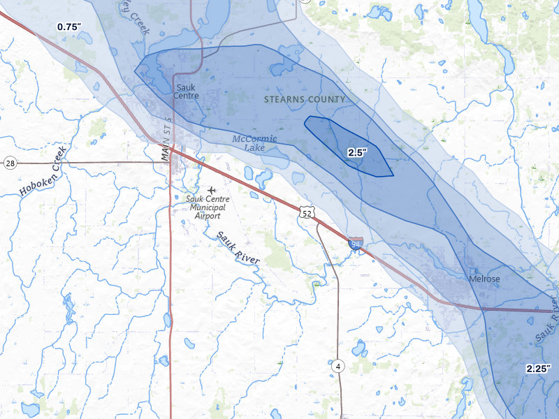 NEXRAD radar-signature map of the hail over Sauk Centre, MN