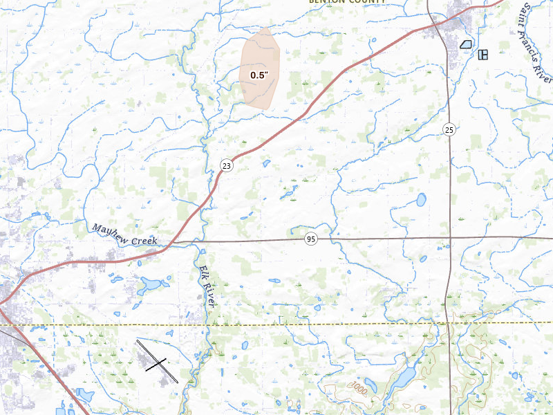 Radar-estimated hail-size map of the storm over Sauk Rapids, MN on Jun 28, 2026