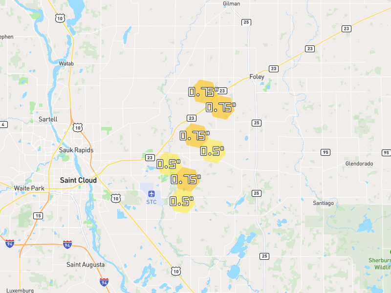 Hail map of Sauk Rapids, MN on Jun 29, 2026, hail up to 0.75"