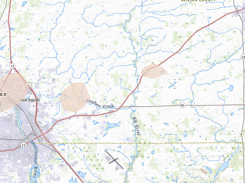 Radar-estimated hail-size map of the storm over Sauk Rapids, MN on Aug 3, 2026