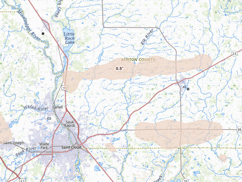 Radar-estimated hail-size map of the storm over Sauk Rapids, MN on Aug 7, 2026