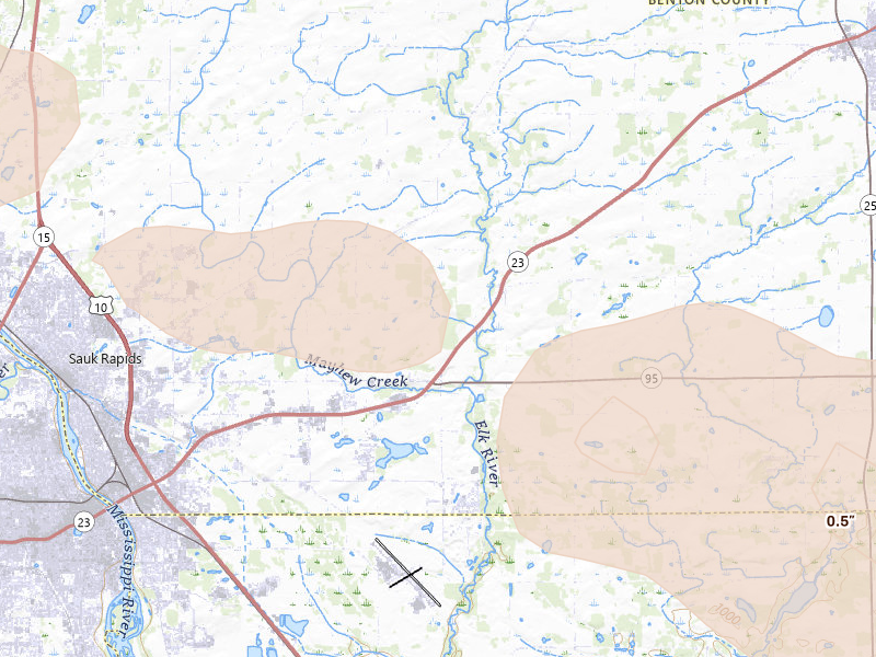 Radar-estimated hail-size map of the storm over Sauk Rapids, MN on Aug 8, 2026
