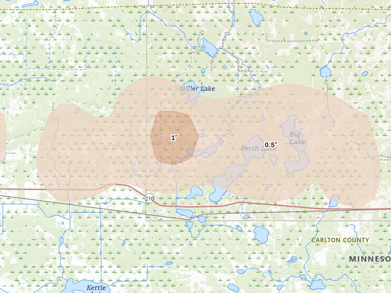 Radar-estimated hail-size map of the storm over Sawyer, MN on Aug 25, 2026