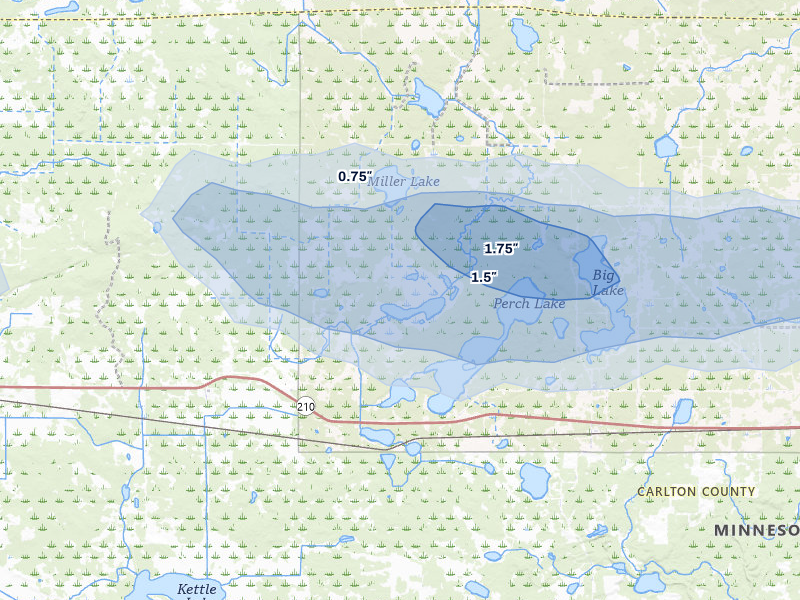 NEXRAD radar-signature map of the hail storm over Sawyer, MN on Aug 25, 2026