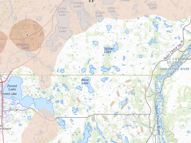 Radar-estimated hail-size map of the storm over Scandia, MN on Jun 10, 2026