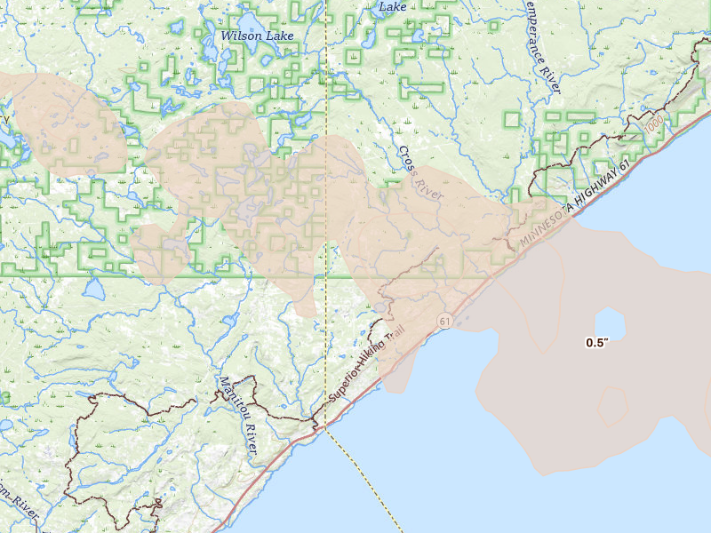 Radar-estimated hail-size map of the storm over Schroeder, MN on Jul 19, 2026