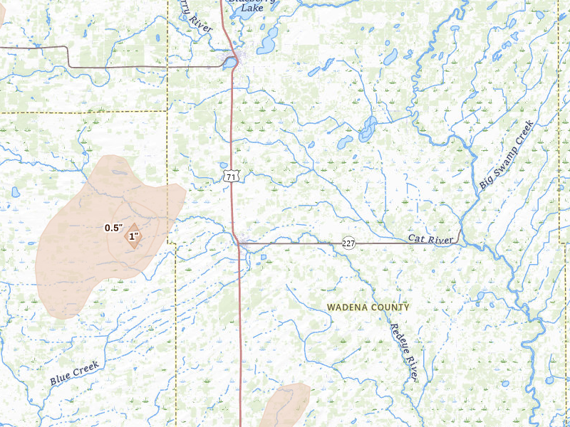 Radar-estimated hail-size map of the storm over Sebeka, MN on Jun 10, 2026