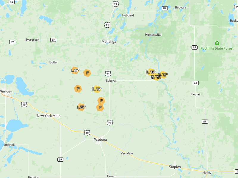 Hail map of Sebeka, MN on Jul 7, 2026, hail up to 1.25"