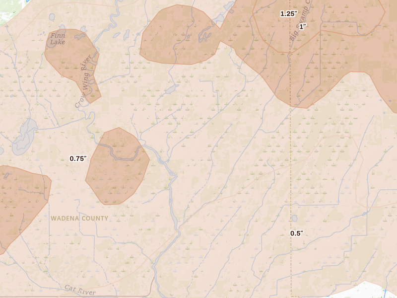 Radar-estimated hail-size map of the storm over Sebeka, MN on Aug 7, 2026