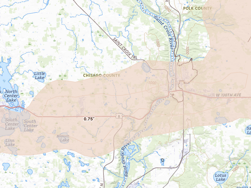 Radar-estimated hail-size map of the storm over Shafer, MN on Jun 10, 2026