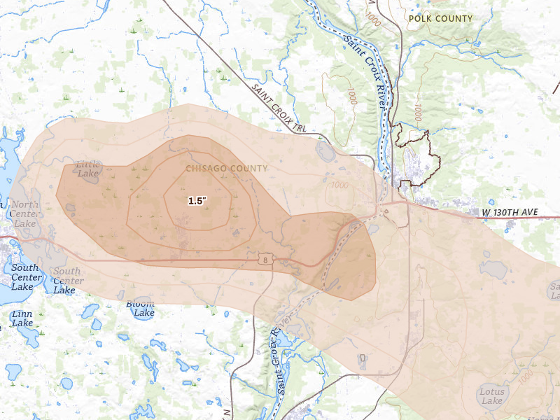 Radar-estimated hail-size map of the storm over Shafer, MN on Jun 19, 2026