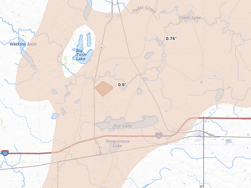 Radar-estimated hail-size map of the storm over Sherburn, MN on May 17, 2026