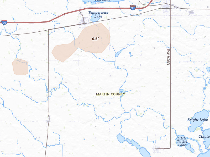 Radar-estimated hail-size map of the storm over Sherburn, MN on Aug 3, 2026