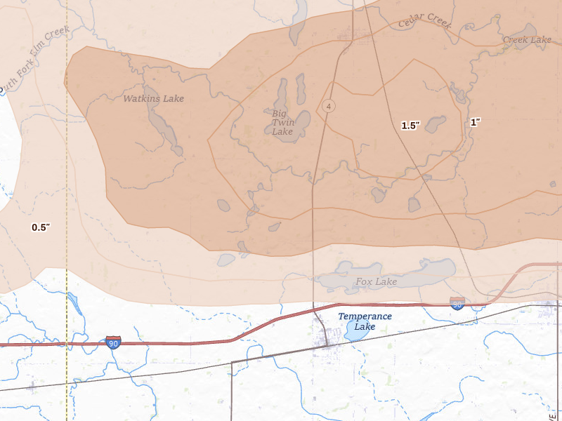 Radar-estimated hail-size map of the storm over Sherburn, MN on Aug 7, 2026