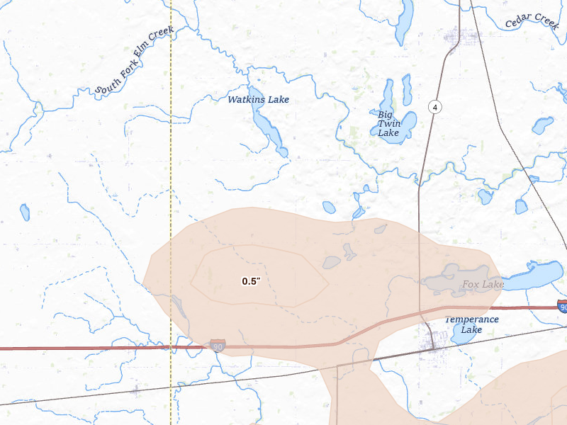 Radar-estimated hail-size map of the storm over Sherburn, MN on Aug 8, 2026