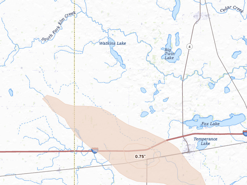 Radar-estimated hail-size map of the storm over Sherburn, MN on Aug 28, 2026
