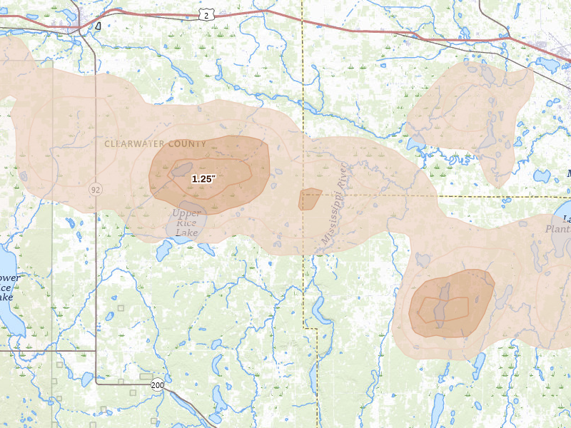 Radar-estimated hail-size map of the storm over Shevlin, MN on Jul 3, 2026
