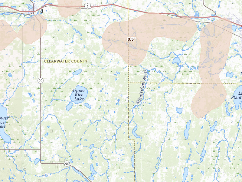 Radar-estimated hail-size map of the storm over Shevlin, MN on Jul 4, 2026