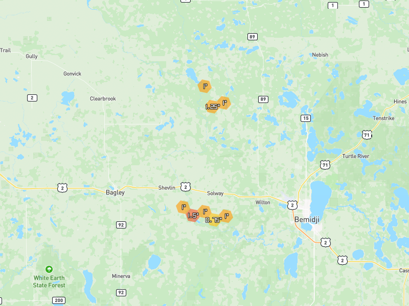 Hail map of Shevlin, MN on Jul 4, 2026, hail up to 1.5"