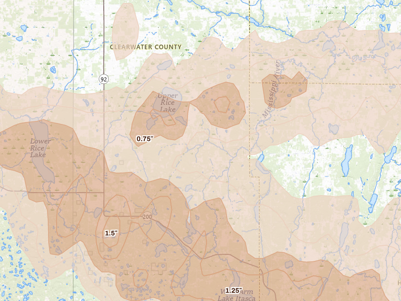 Radar-estimated hail-size map of the storm over Shevlin, MN on Aug 6, 2026