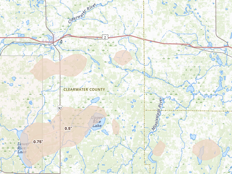 Radar-estimated hail-size map of the storm over Shevlin, MN on Aug 17, 2026