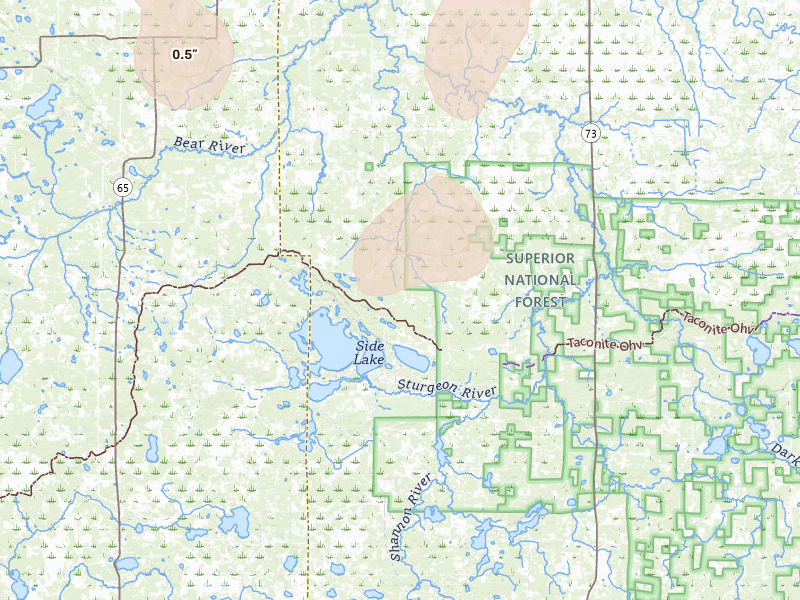 Radar-estimated hail-size map of the storm over Side Lake, MN on Jun 10, 2026