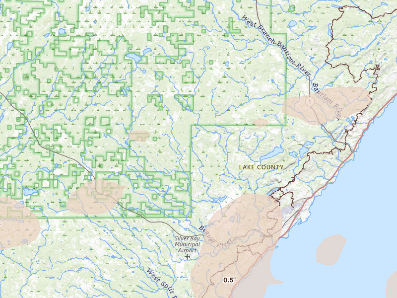 Radar-estimated hail-size map of the storm over Silver Bay, MN on Jun 29, 2026