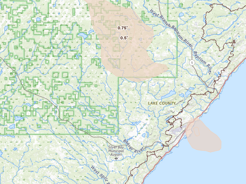Radar-estimated hail-size map of the storm over Silver Bay, MN on Jul 29, 2026