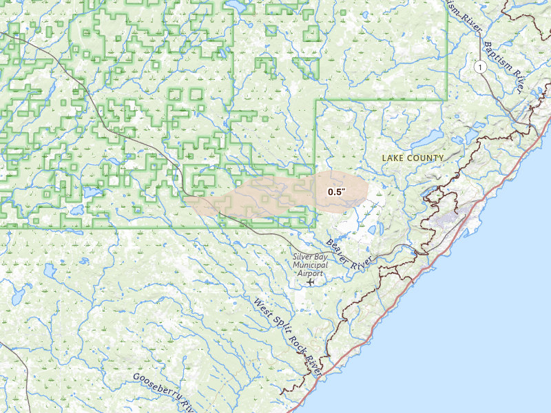 Radar-estimated hail-size map of the storm over Silver Bay, MN on Aug 30, 2026