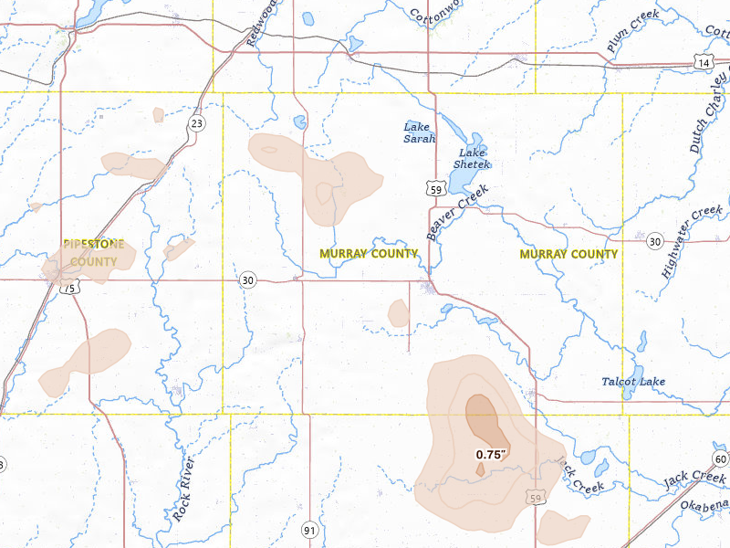 Radar-estimated hail-size map of the storm over Slayton, MN on May 24, 2026