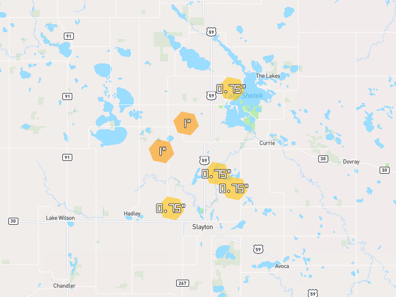 Hail map of Slayton, MN on Jun 30, 2026, hail up to 1"