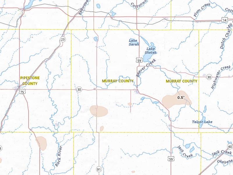 Radar-estimated hail-size map of the storm over Slayton, MN on Jul 25, 2026