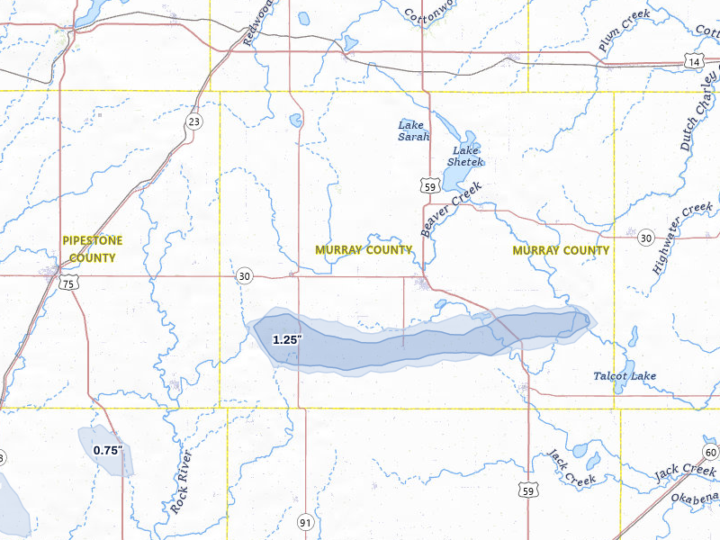 NEXRAD radar-signature map of the hail storm over Slayton, MN on Jul 25, 2026