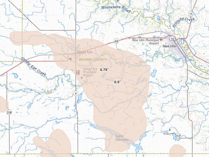Radar-estimated hail-size map of the storm over Sleepy Eye, MN on Jul 19, 2026